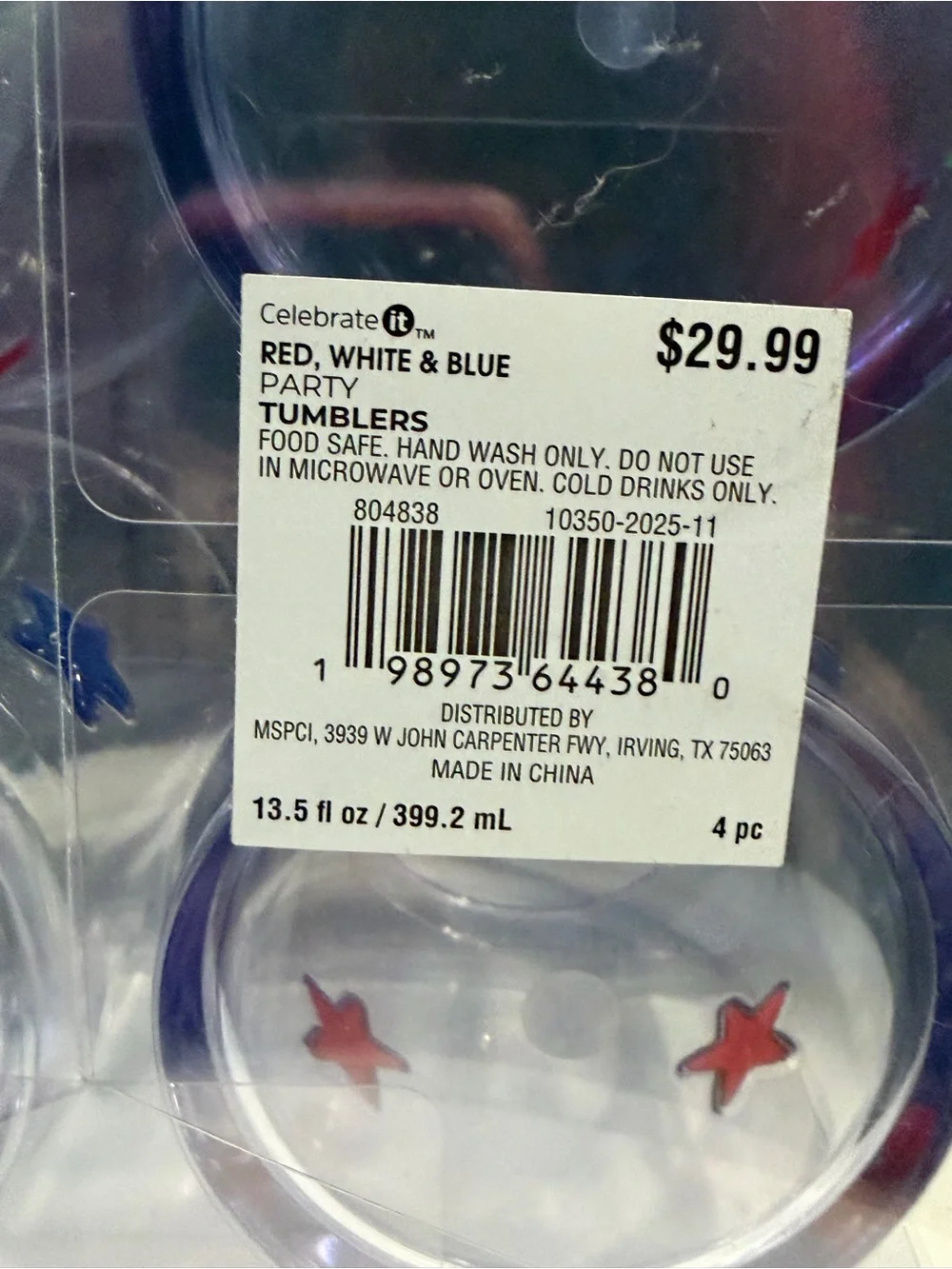 Clear Party Tumblers with Red & Blue Star Accents -